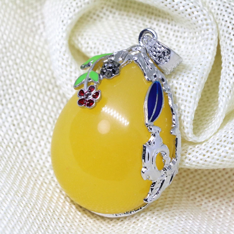 

High grade vintage silver plated waterdrop teardrop drop purfle pendant imitation yellow resin beeswax women jewelry B1891