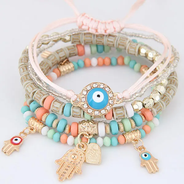 multi color LEMOER Kabbalah Фатима Хамса рука сглаза талисманы Браслеты И Браслеты Многослойные плетеные бусины ручной работы браслеты для женщин и мужчин - Окраска металла: multi color