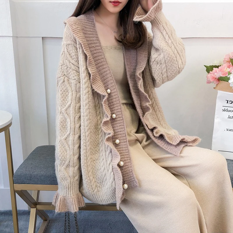 CHICEVER Korean Cardigan Sweater For Women V Neck Flare Sleeve Loose Ruffles Hit Color Sweaters Coats Female Fashion New Autumn |