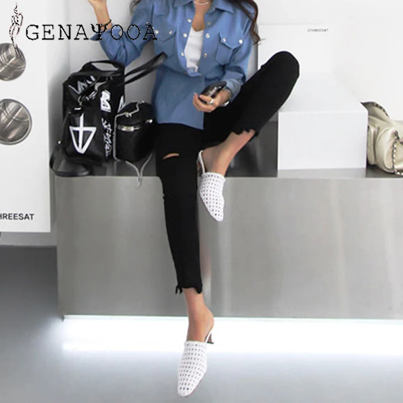 Женские джинсы из спандекса genayoa белые рваные с высокой талией хлопковые брюки