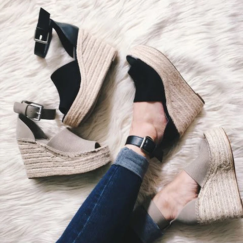 Женские босоножки на платформе Teahoo Коричневые из флока танкетке с открытым