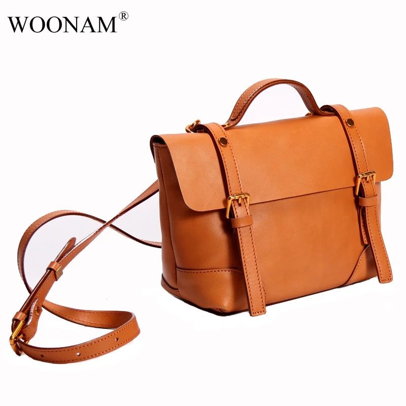 

WOONAM Natural Genuine Calf Leather Bag Women Fashion Fully Handmade Medium Satchel Shoulder Cross-body WB541