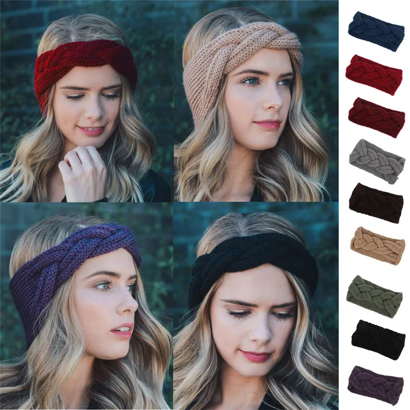 Женская вязаная шерстяная повязка на голову однотонная теплая крючком с большим