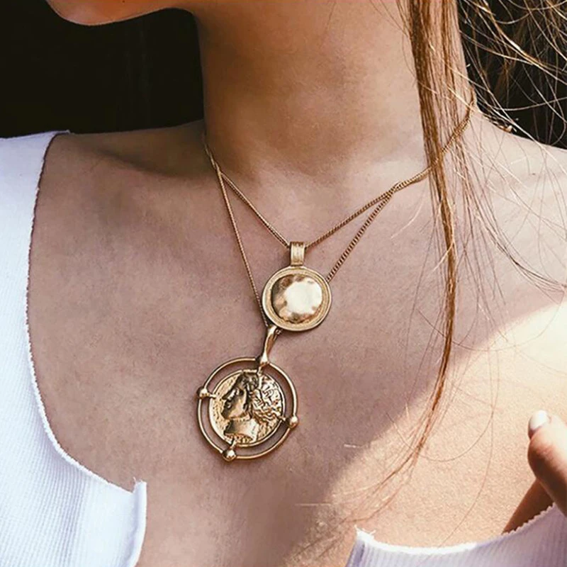 Богемное ожерелье с кулоном женское Двухслойное в стиле ретро золотая резная