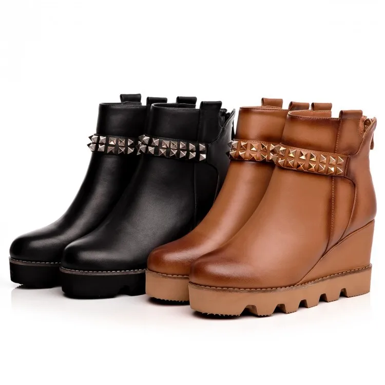 Зима 2015 Новая мода женщин заклепки панк обувь Из Натуральной кожи Ретро высокие