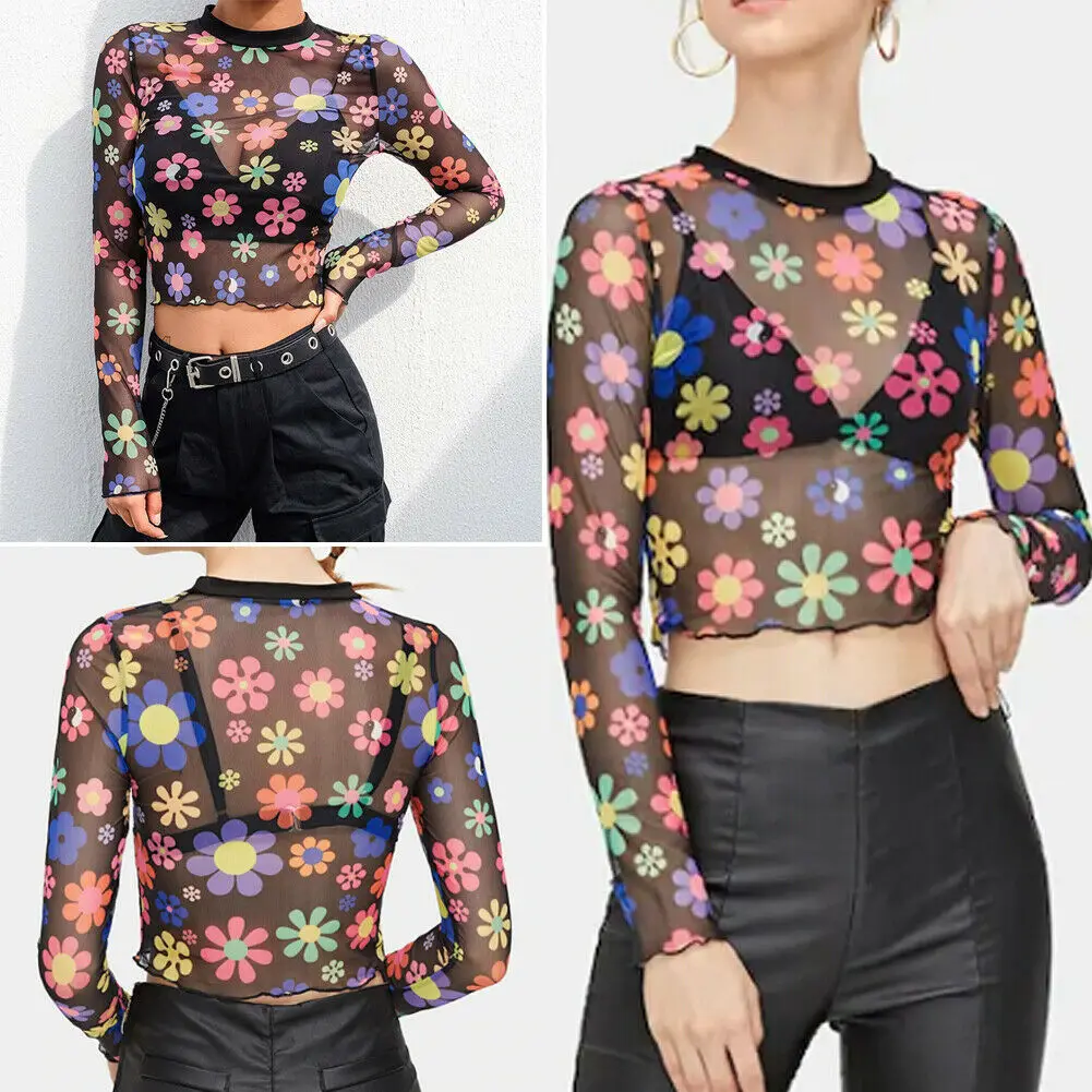 Женская новая весенняя модная черная футболка с круглым вырезом сетчатый