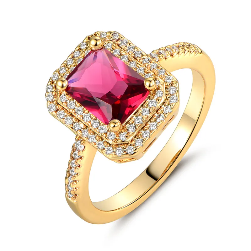 GULICX Exquisite Gold-color Wedding Rings For Women Square Red Stone Cubic Zircon Female Finger Engagement Jewelry GLR306 | Украшения и