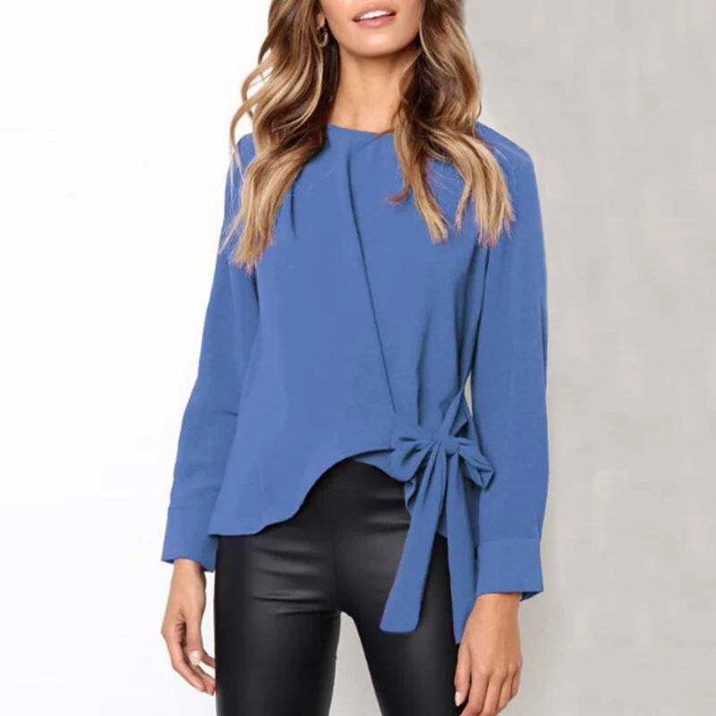 Women's Irregular Bow Tie O-Neck Blouses Casual Slim Long Sleeve Female Shirts Spring Autumn Fashion Solid Elegant Lady |