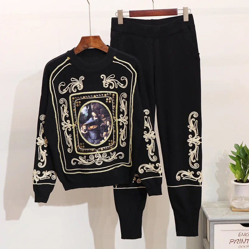 Женский трикотажный костюм ALPHALMODA с тяжелой вышивкой и бисером европейский стиль