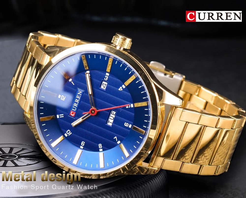 CURREN Blue Sky роскошные золотые из нержавеющей стали дизайнерские мужские бизнес военные кварцевые мужские s наручные часы Лидирующий бренд Роскошные мужские часы