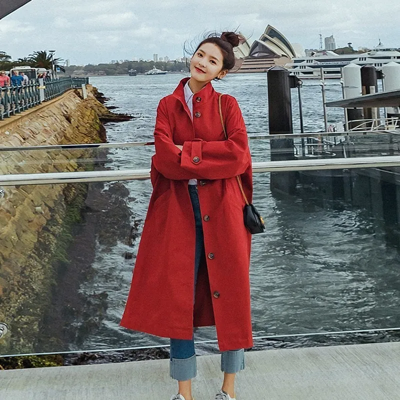 Женская Длинная ветровка с воротником-стойкой однотонное Свободное пальто