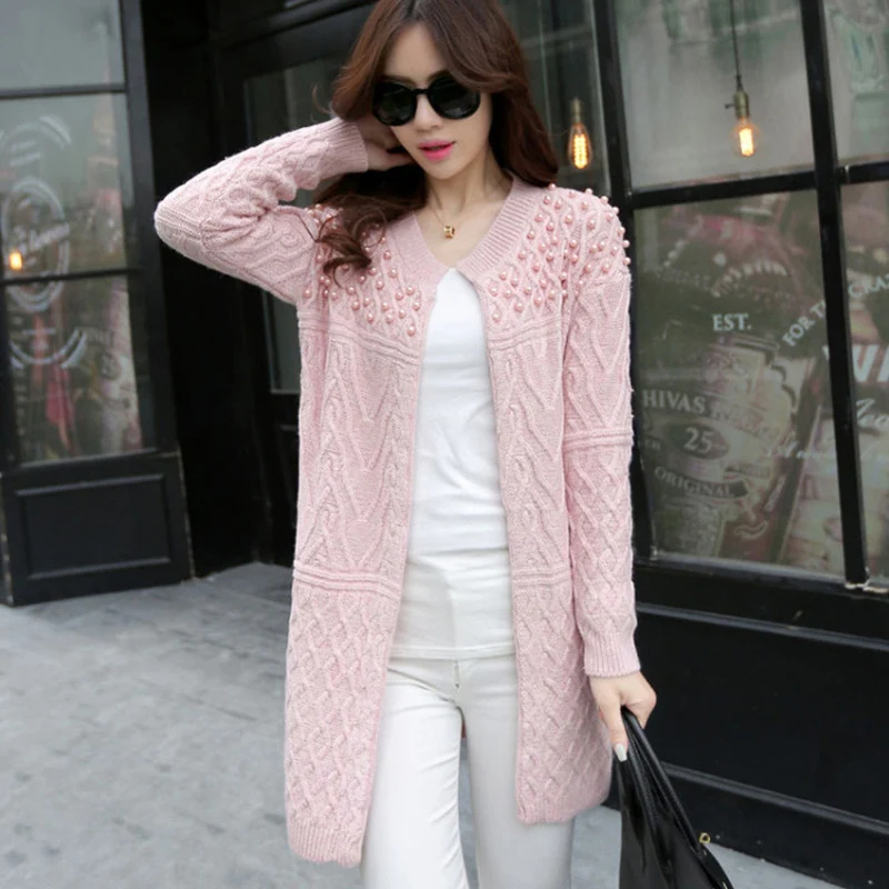 Женский длинный кардиган с жемчугом OLGITUM вязаный свитер длинным рукавом