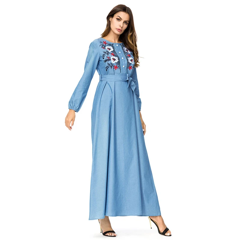 MISSJOY 2018 abaya вышитое джинсовое мусульманское женское платье ретро с длинным