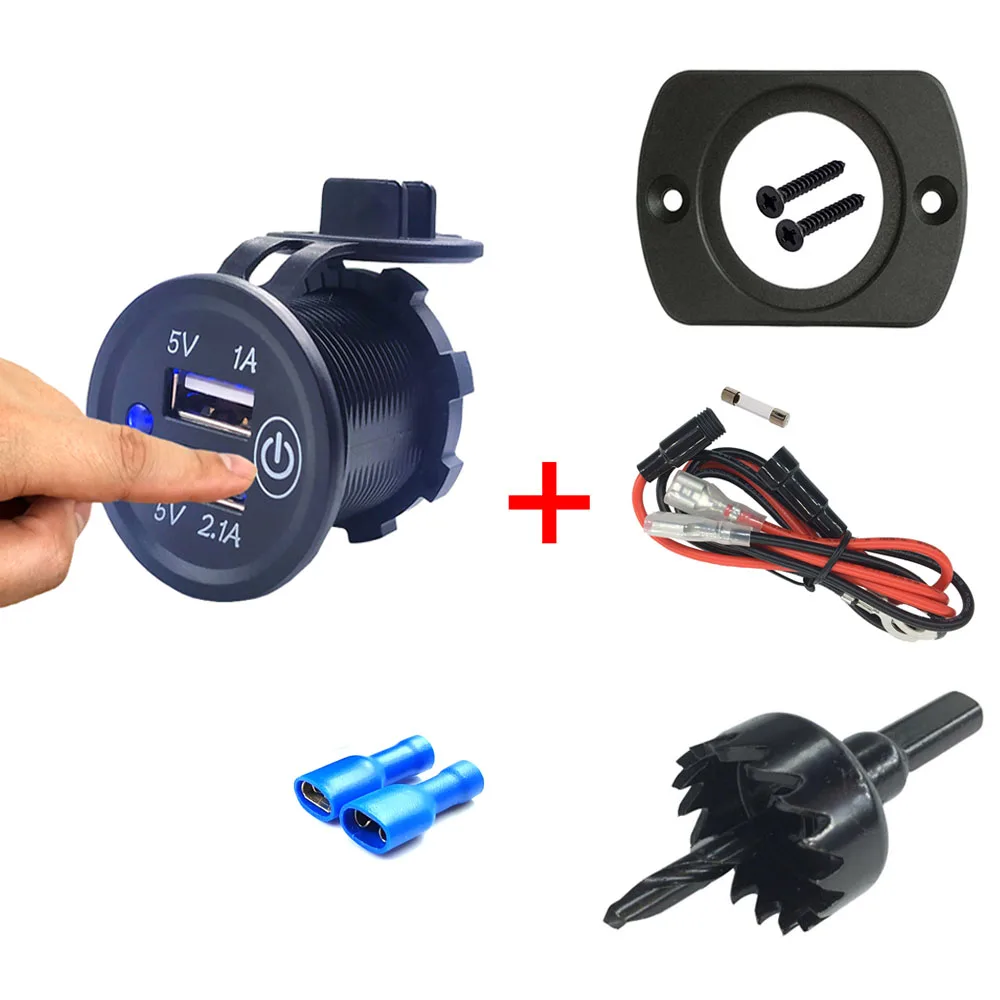 Buendeer 4 в 1 комплект мотоцикл 12 V-24 V Мощность розетка с сенсорным выключателем с двумя портами USB Зарядное устройство Разъем для автомобиля лодка мотоцикл RV ATV