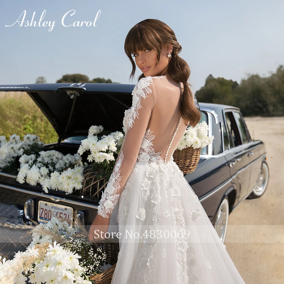 Ashley Carol Элегантный Эластичный длинный рукав кружева иллюзия черное свадебное платье бисером платье невесты Свадебные платья без спинки