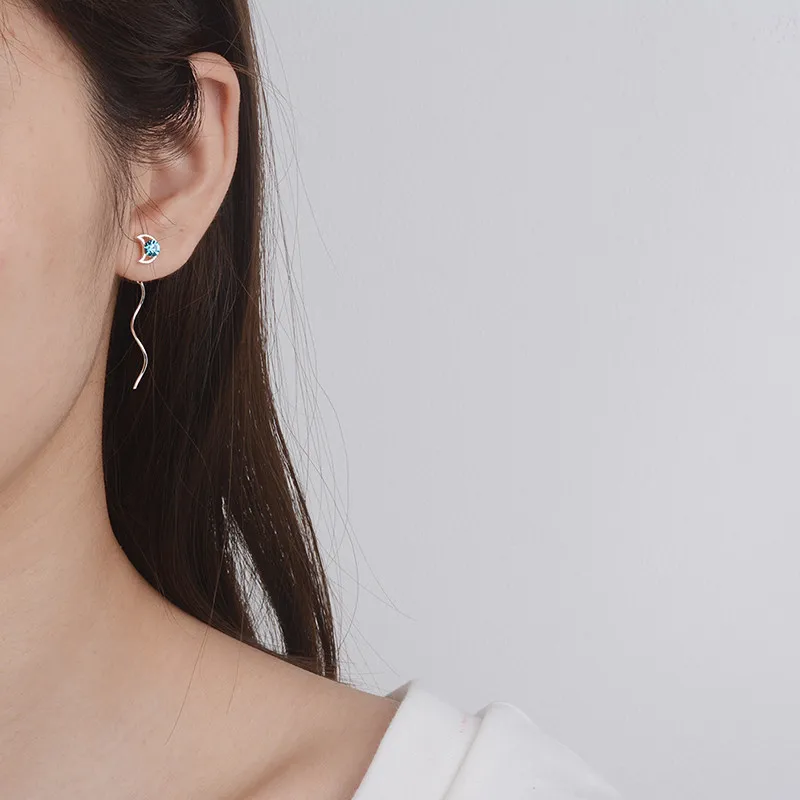 S925 sterling silver blue crystal star moon asymmetrical earrings ladies spiral pentagram ear ornaments jewelry gift 6-ES3141 | Украшения и