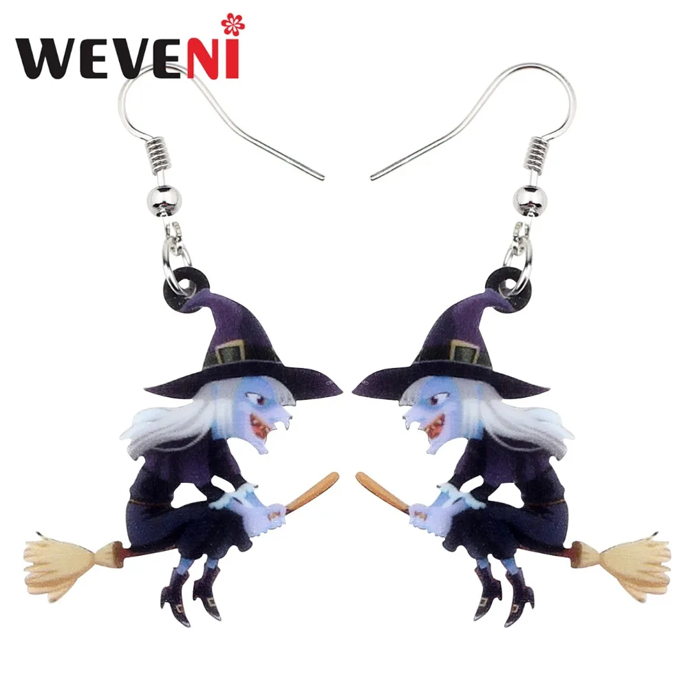 WEVENI Acrylic Animal Halloween Broomstick Witch Earrings Drop Dangle Fashion Cartoon Jewelry For Women Girls Teens Gift Charms