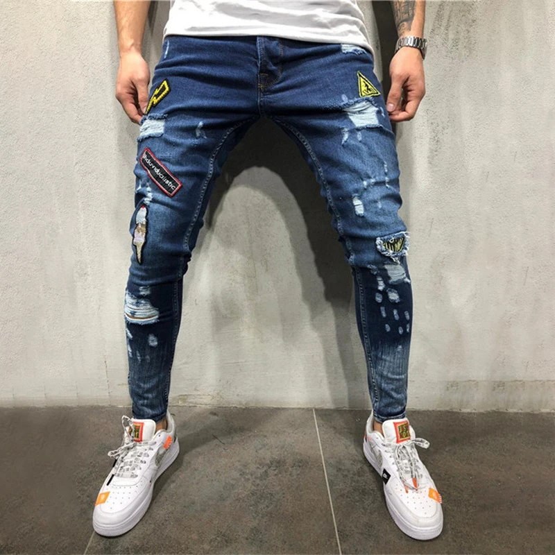 

Men Ripped Skinny Biker Jeans Destroyed Frayed Print Embroidery 2019 Summer Slim Fit Denim Pant Jean C1325