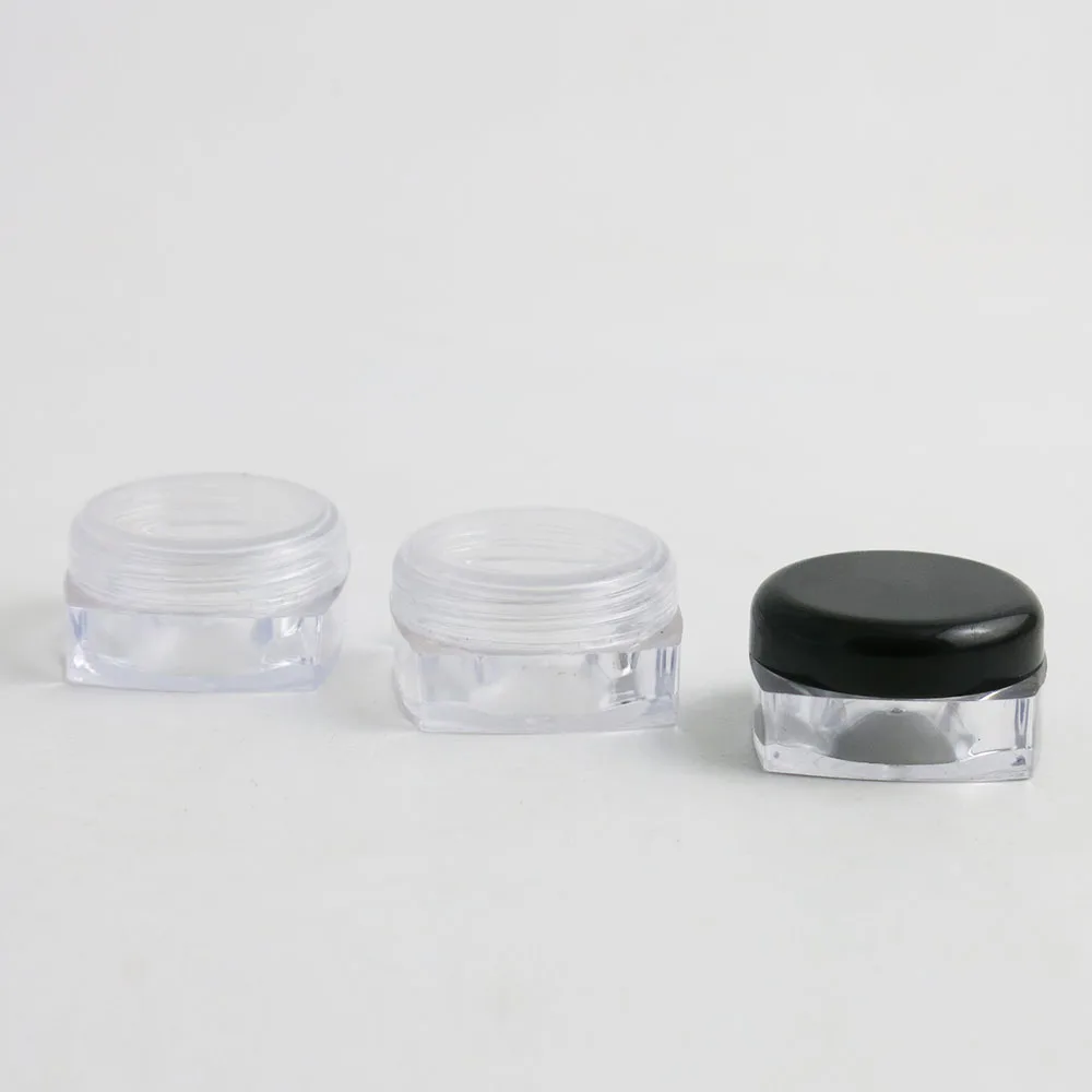 

Promotion!!! 100pcs/lot 10g Square Clear Plastic Cosmetic Cream Jar 1/3OZ Nail Bead Glitter Small Jar With Clear Black White Cap