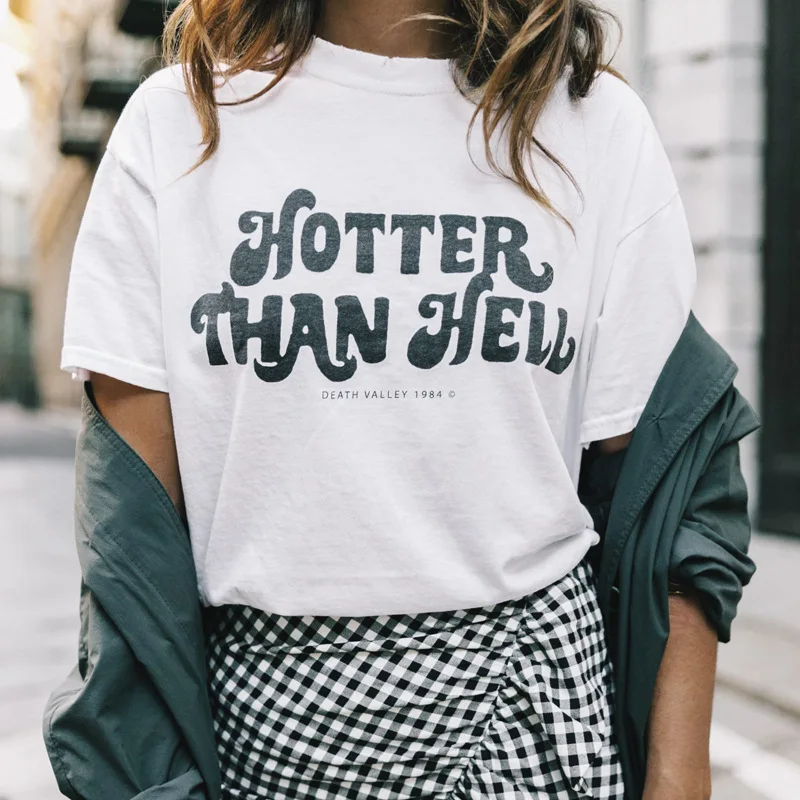 Новая женская и мужская футболка с надписью HOTTER THAN HELL хлопковая Повседневная