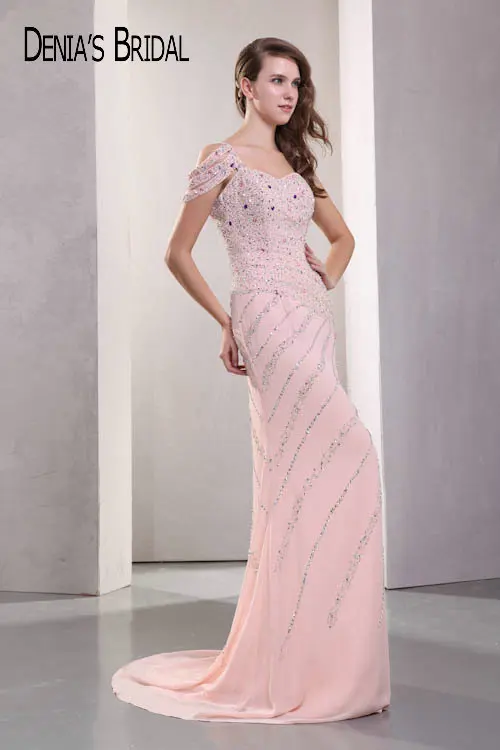 Реальные фотографии розовые вечерние платья-футляры с бисером в пол со шлейфом