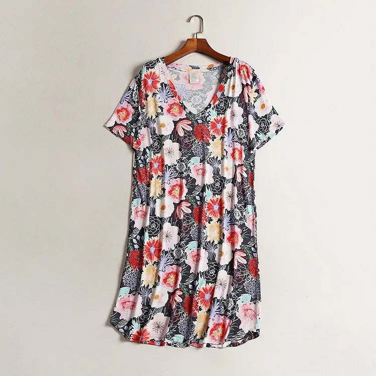 Nightgowns for Women V-neck Flora Printed Loose Casual Home Dress Sexy Lingerie Sleepwear Sleepshirts Nightdress | Женская одежда