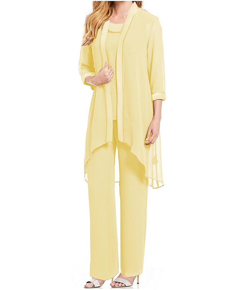yellow Женский шифоновый костюм из 3 предметов с драпировкой, платье для матери невесты, брюки, костюм с длинными рукавами и жакетом, наряд для свадьбы - Цвет: yellow