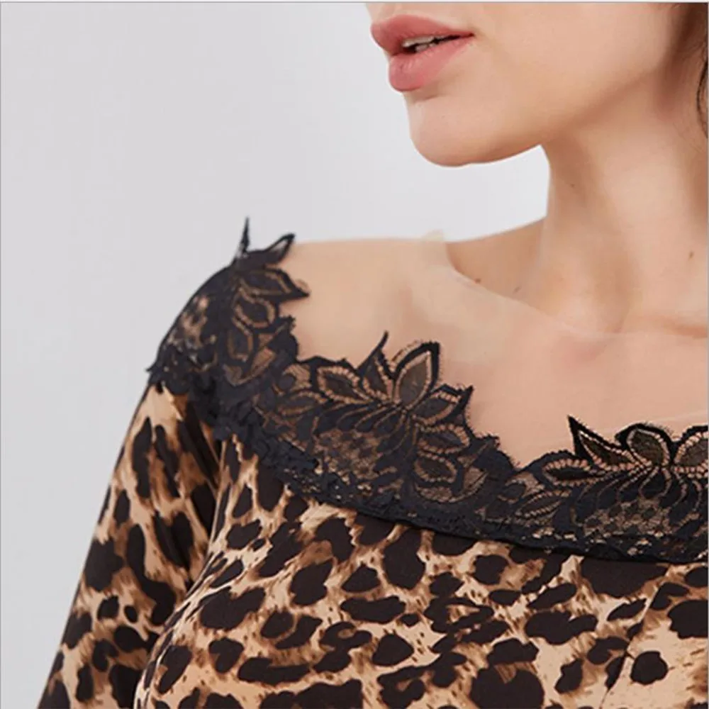 Lonyshow Leopard Кружева Slash шеи Мини-платья Сексуальная линия длинный рукав империя