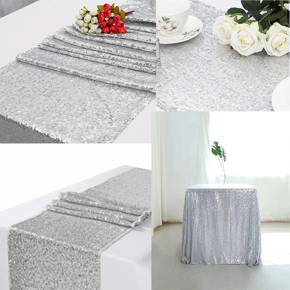 10pcs Silver Sequin Table Runner Wedding Decoration Party Tablecloth Sparkly Events Decora (Silver-12x72in) | Дом и сад