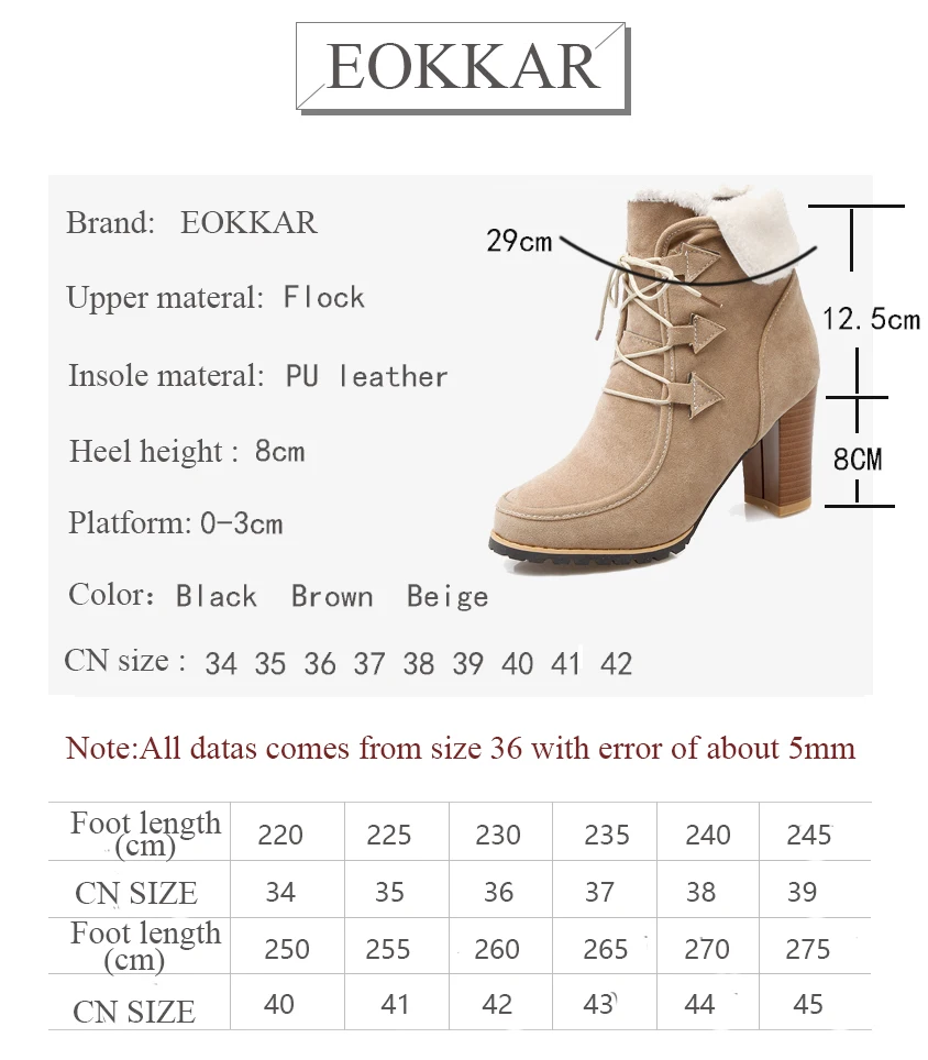 Eokkar 2019 Fur Women Ankle Boots Round Toe Winter Warm Lace Up Casual Square Heel Black Flock Motorcycle Size 34-43 | Обувь