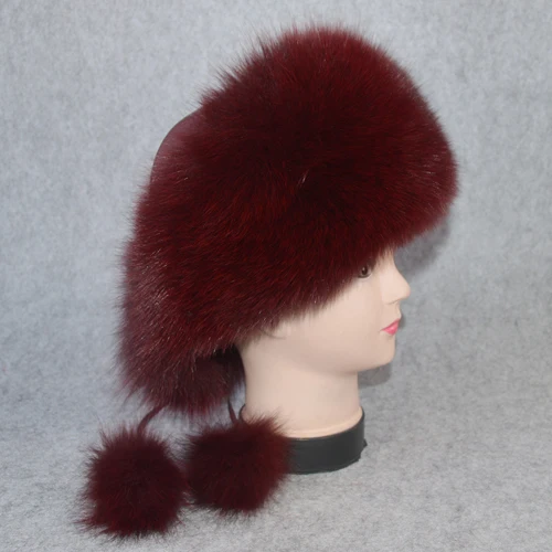 wine red Для женщин зимние из натурального меха лисы шляпа теплый мягкий пушистый из натуральной шапка из меха лисы Роскошный хорошее качество натуральным лисьим мехом Куртка бомбер Шапки - Цвет: wine red