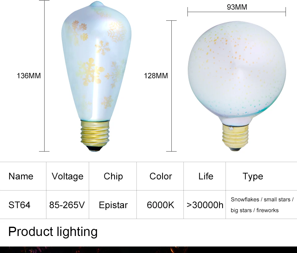 Foxanon Led Light Bulb 3D Decoration Lamp AC110V 220V ST64 G95 E27 Holiday Night Lights Christmas Filament Retro Lamp Lamparas