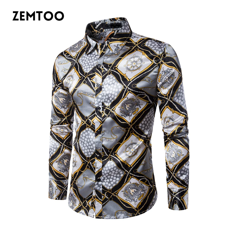 Zemtoo ночной клуб Золотая шелковая рубашка мужская Chemise Homme 2017 модная s приталенная