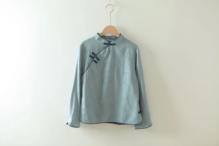 Синий Традиционная китайская блуза на пуговицах, Женская Весенняя рубашка в китайском стиле, этнический винтажный воротник-стойка, синяя, белая, розовая блузка, топы - Цвет: Синий