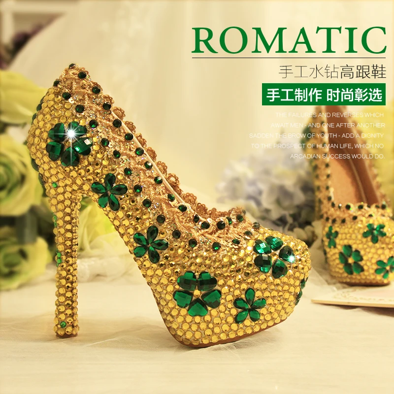 

diamond 10cm heel bridal Yellow sexy banquet Flower Green crystal women Wedding Shoes