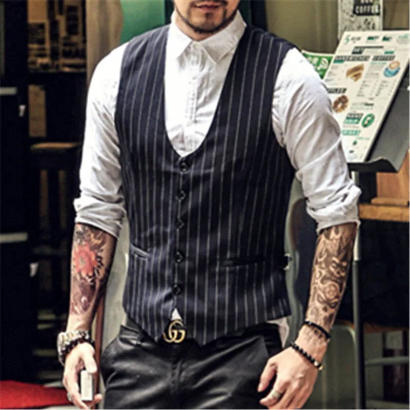 Для мужчин S платье костюм жилет Slim Fit Формальные Бизнес партии в полоску