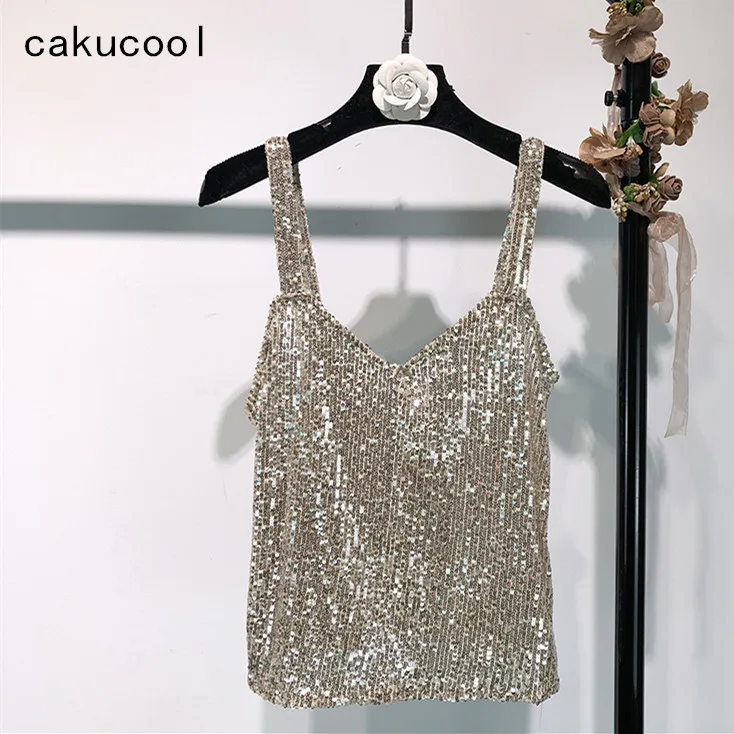 Женский топ на бретельках Cakucool блестящий Блестящий жилет с блестками вечерние