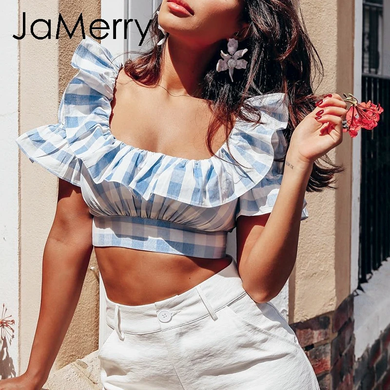 JaMerry Винтаж пикантные плед рюшами укороченные для женщин летняя майка короткий