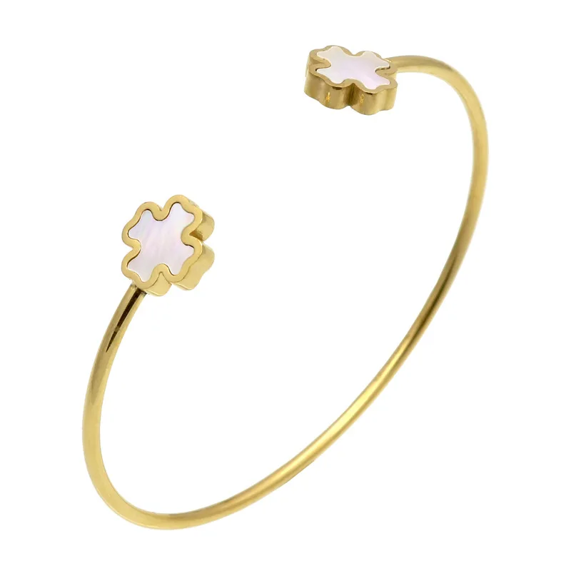 

Hot Sale White Shell Double Cross Gold Color Stainless Steel Cuff Bangle