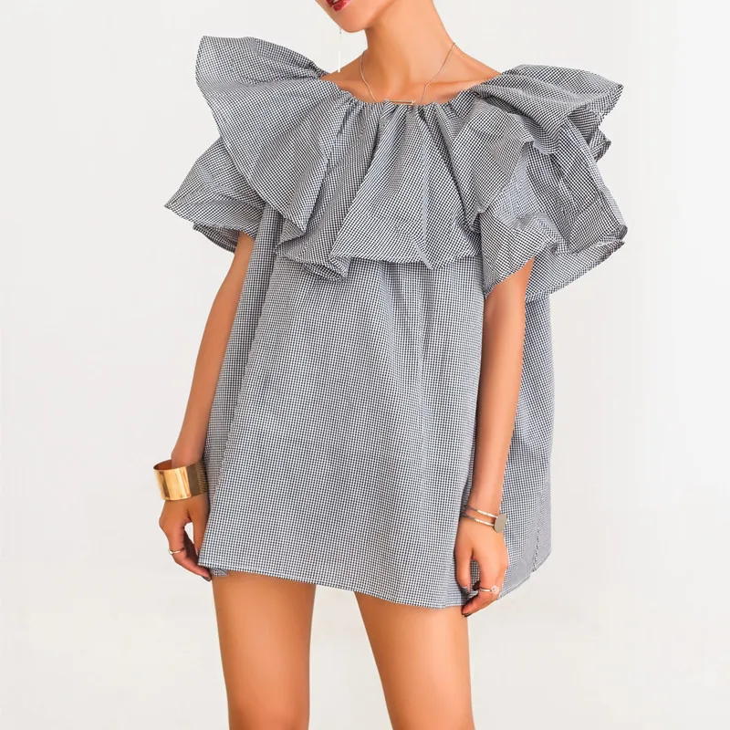 Платье Daily Apparel Women 2019 Fashion Designer Clothing Casual Summer Slash Ruffle Neck Off Shoulder A Line Plaid Beach Mini Dress.