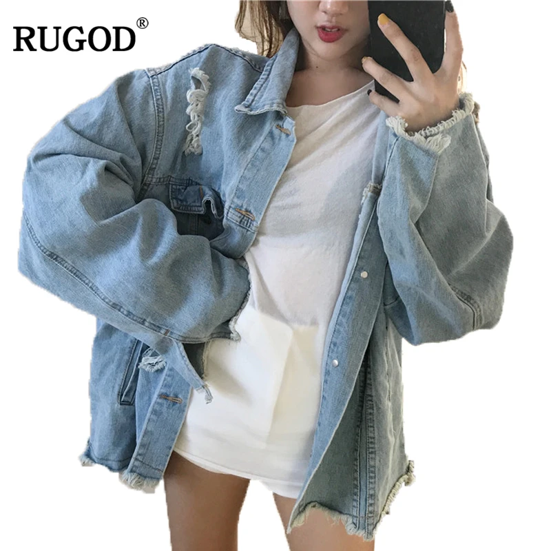 Rugod/Новинка 2019 года сезон осень-зима женское розовое джинсовое пальто с дырками и