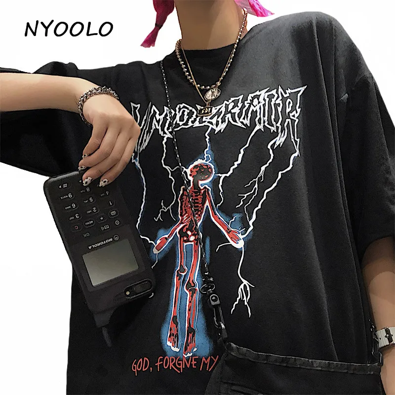 NYOOLO Harajuku стильная футболка с принтом черепа и буквами, Повседневная Уличная футболка с коротким рукавом в стиле хип-хоп, женская/Мужская одежда, топы, футболки