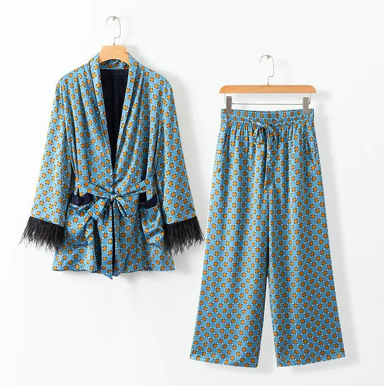 Небесно-голубой Autumn casual 2 piece set women printing two piece set tassel womens clothing long sleeve blazer set - Цвет: Небесно-голубой