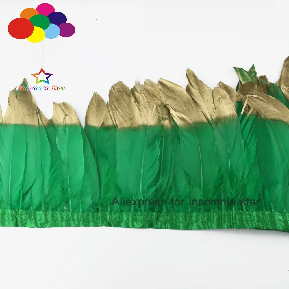 Окрашенное травяно зеленое платье 2 метра гусиное перо бахрома краска золотые