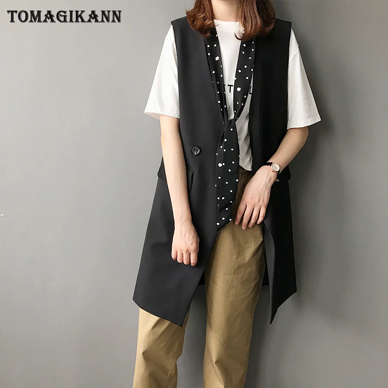 Однотонный двубортный длинный женский костюм жилет корейский v образный вырез с