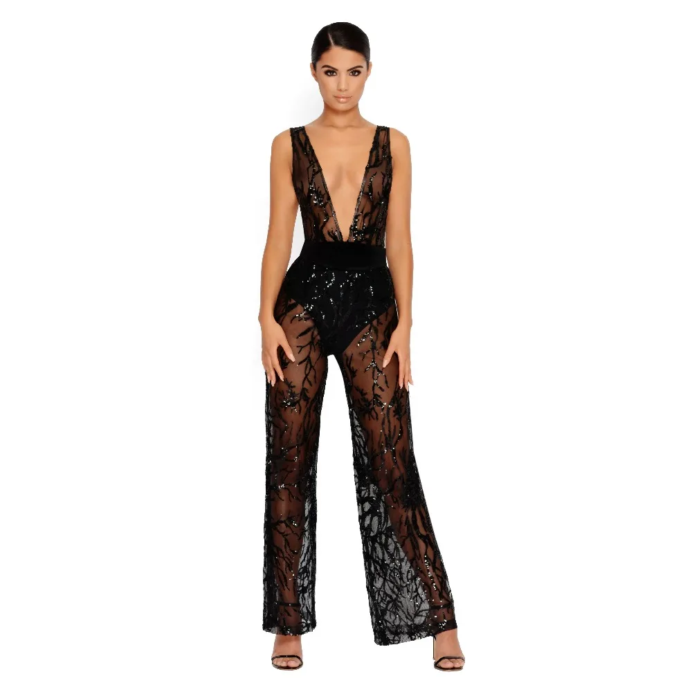 High Quality Sequined Sexy Low Bosom Night Club Fashion Bodycon Black Party Gauzy Women Jumpsuits | Женская одежда