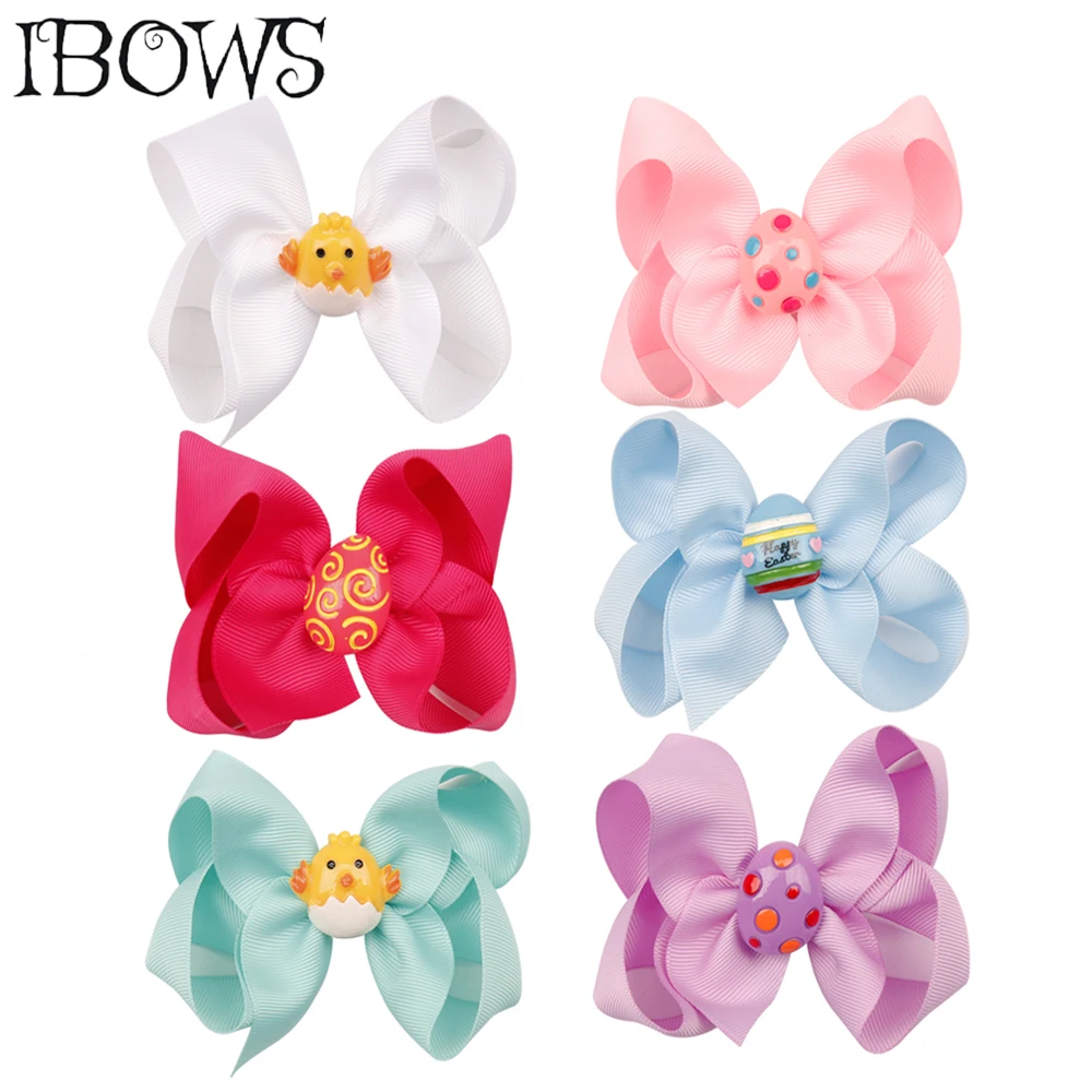 2Pcs/Lot 4.5'' Easter Eggs Hair Bows Solid Grosgrain Ribbon Clips For Girls Candy Color Hairpins Accessories |