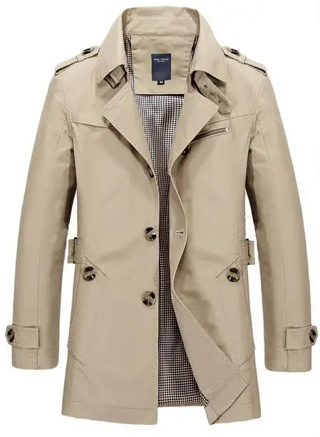 khaki Модный Тренч для мужчин размера плюс 5XL, Тренч для мужчин, однотонный хлопок, повседневная куртка, мужские пальто цвета хаки для мужчин - Цвет: khaki