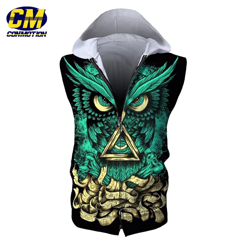 Модная толстовка с капюшоном без рукавов 3D-принтом зеленой совы крутая уличная