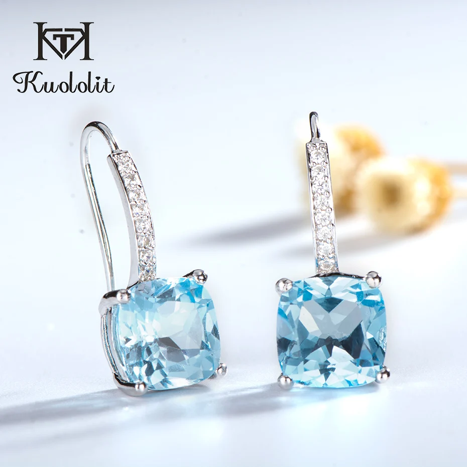 Kuolit 7.6ct натуральный небесно-топаз Драгоценный Камень Висячие серьги для женщин из натуральной 925 пробы Серебряное свадебное ювелирное изделие для помолвки